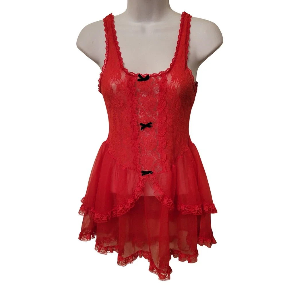 Midnight M Nightgown Red Lace Ruffle Babydoll Vintage Lingerie Sexy Whimsigoth